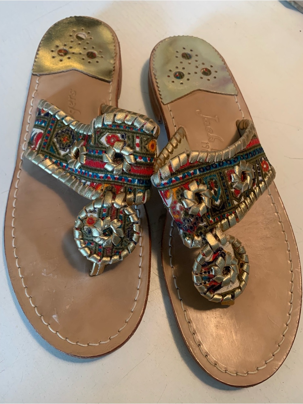 Jack Rogers Jacks Flat Thong Sandals Aztec Boho Embroidered Gold Sz 9